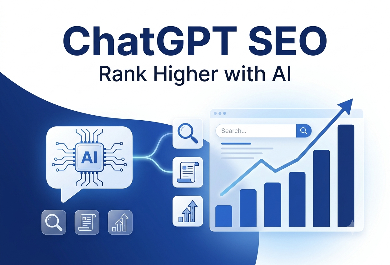 ChatGPT SEO guide illustration showing AI chat bubble connected to a Google search ranking chart with keyword and content icons